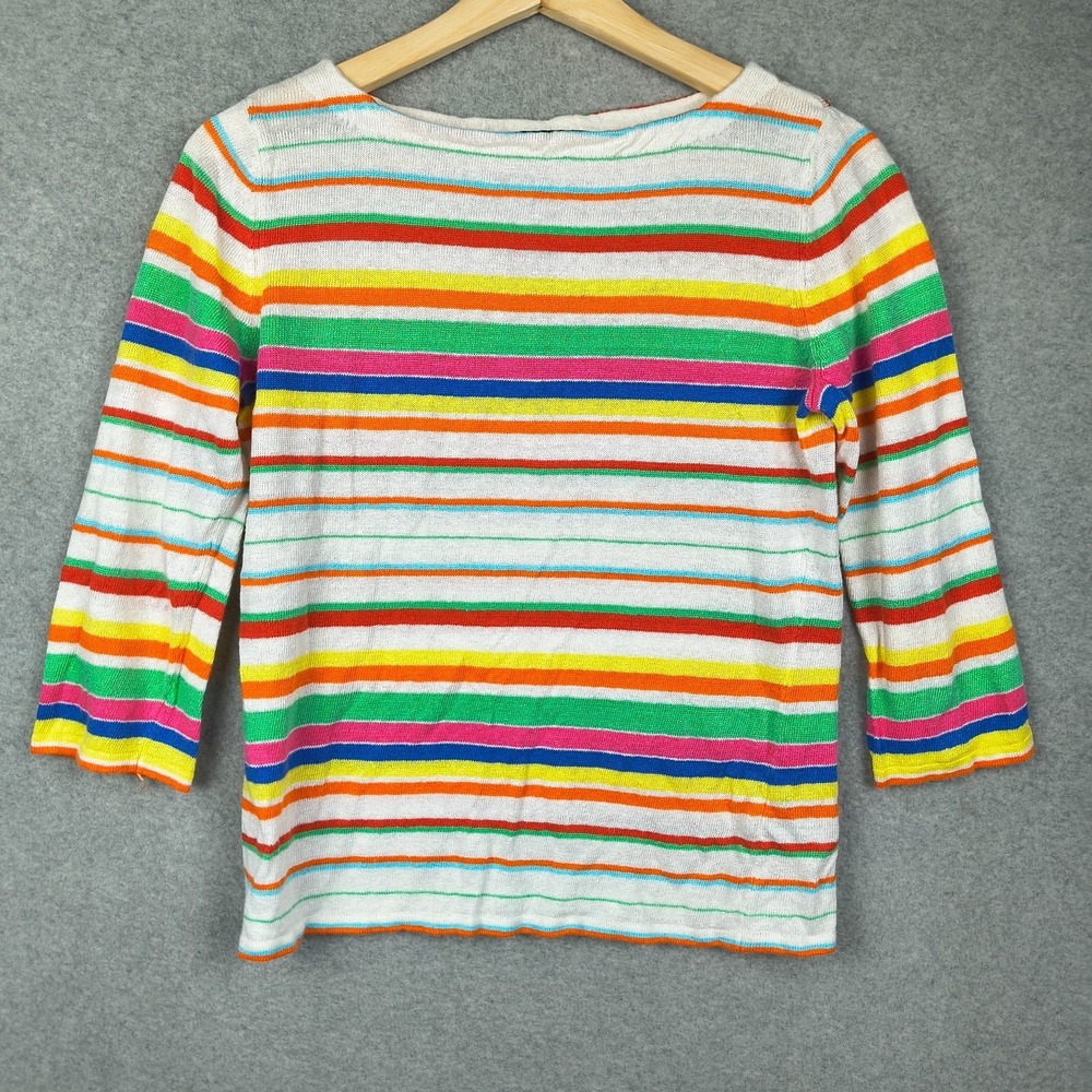 Lauren Ralph Lauren Sweater Womens Medium White Stripe Rainbow Colorful Linen